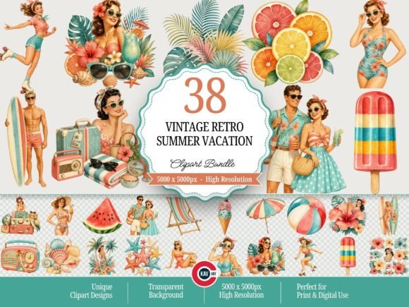 Download Vintage Retro Summer Vacation Clipart - Summer Collection